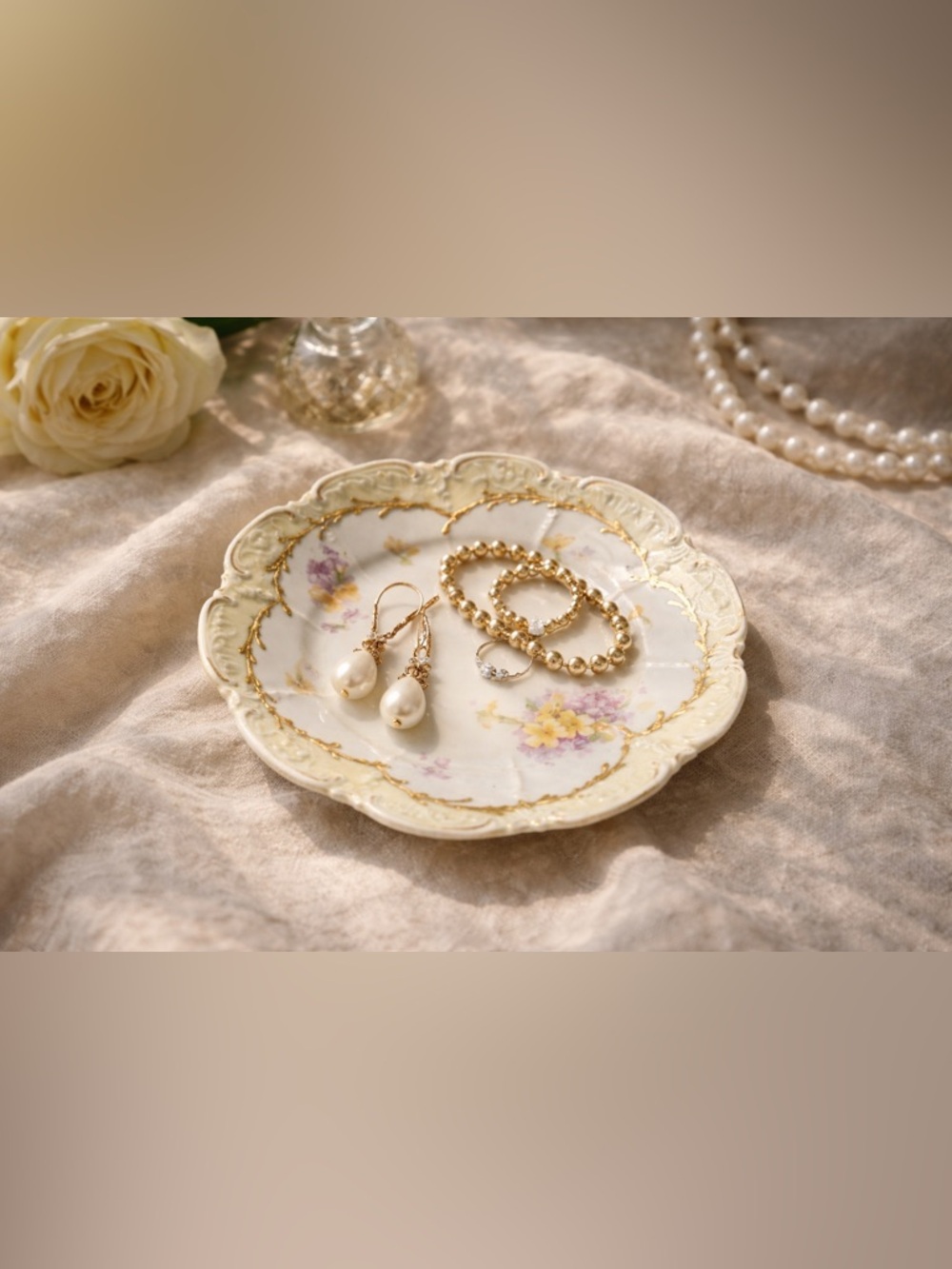 Hand Painted Porcelain Plate Floral Gold Gilt Rim Scalloped Victorian 6” Pastels
